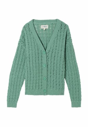 Light green knitted cardigan with long sleeves, button front closure, and a textured pattern, labeled "Fatface" inside collar.