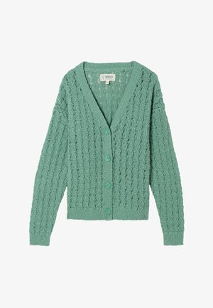 Hellgrüne Strickjacke mit langen Ärmeln, Knopfleiste vorne und einem strukturierten Muster, am Kragen innen mit dem Etikett "Fatface" versehen.