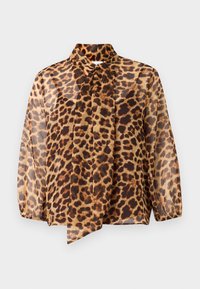 Caurlota, ilgi piedurkņu blūze leopardu rakstā ar saistāmo apkakli. Ir brīva piegriezuma un mīksta, viegla auduma, kas izgatavots smilšu un brūnu toņu kombinācijā.