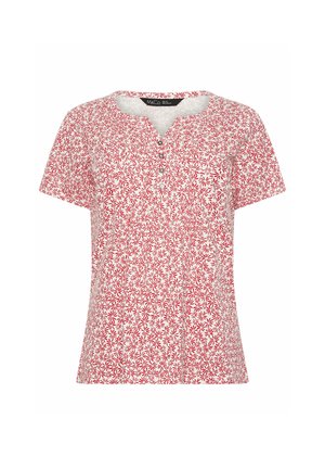 Biała koszula z krótkim rękawem w czerwony kwiatowy wzór, okrągły dekolt z małym wycięciem w kształcie litery V i cztery guziki na przedniej listwie.