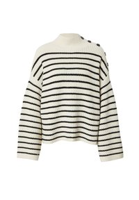 Weißer Strickpullover mit schwarzen horizontalen Streifen, hohem Kragen und überschnittenen Schultern. Verfügt über Knöpfe im Schulterbereich.