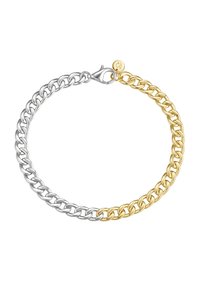 Bracciale in argento e oro con maglie alternate, chiusura a moschettone e un piccolo dettaglio al gancio con logo.