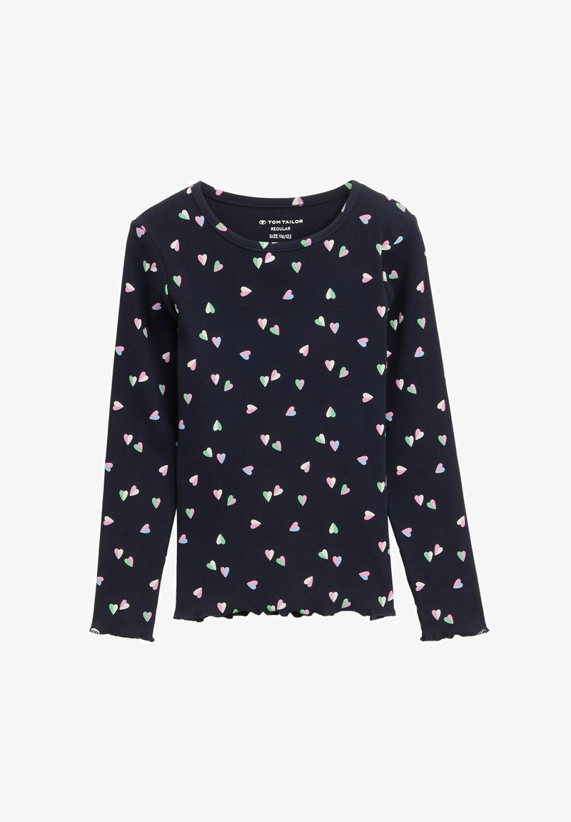 Long-sleeve top featuring a navy ribbed fabric with a scattered pattern of small, pastel heart shapes in pink and green. Round neckline, frayed hem.