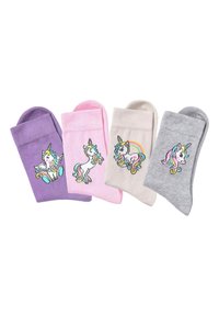 Conjunto de cuatro pares de calcetines tobilleros en púrpura, rosa, beige y gris con coloridos diseños de unicornios. Hechos de una suave mezcla de algodón.