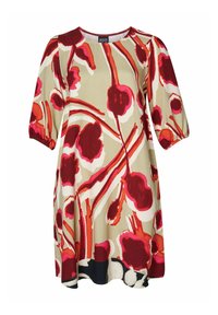 Blumengemustertes Kleid mit kurzen Puffärmeln, das rote, pinke und weiße Blumen auf einem beigen Hintergrund zeigt. Rundhalsausschnitt, lockere Passform.