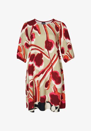 Floral-patterned dress with short puff sleeves, featuring red, pink, and white flowers on a beige background. Round neckline, loose fit.