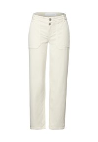 Svetle béžové bavlněné kalhoty s rovný fit. Obsahují dvě přední kapsy, zip a dva přední knoflíky. Hladká textura, klasický design.