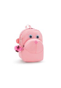 Zaino rosa a forma arrotondata, con grandi occhi e un design di faccina sorridente. Presenta una cerniera e un portachiavi in peluche attaccato. La texture del tessuto è morbida.