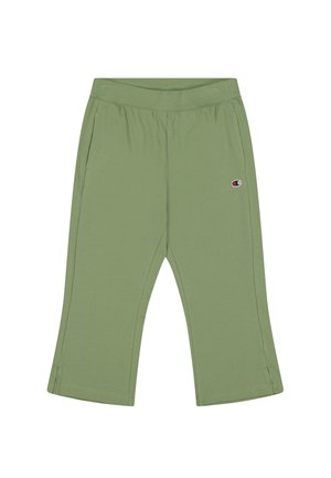 Pantaloni cropped in cotone verde con elastico in vita, due tasche laterali e un'etichetta con logo sul lato sinistro. Tessuto liscio.