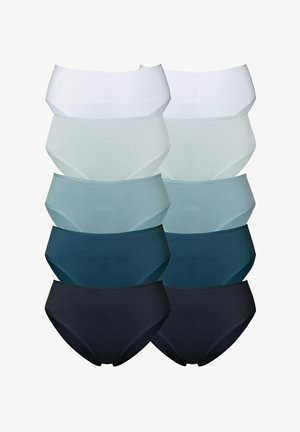 Różnorodne damskie majtki w dziewięciu kolorach: biały, jasnoniebieski, turkusowy, ciemny turkus i czarny. Gładki materiał, wysoki stan, krój typu bikini.