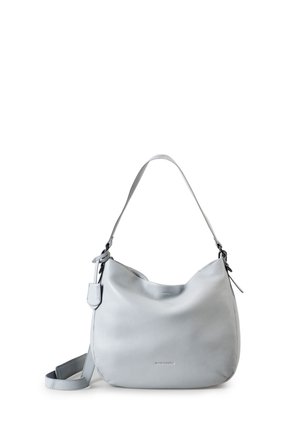 Light gray leather shoulder bag with double straps and subtle brand embossing on front, displayed against white background.