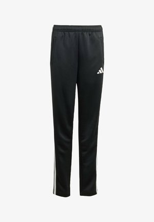 Black athletic pants with an elastic waistband, side pockets, and contrasting white stripes down the legs; features an Adidas logo.