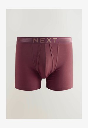 Maroon boxer shorts with a smooth texture, featuring a logo-embellished waistband and short leg design.
