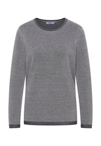 Grauer Pullover mit langen Ärmeln und strukturiertem Strickmuster, Rundhalsausschnitt und kontrastierenden dunklen Akzenten an den Bündchen und am Saum. Markenetikett im Halsausschnitt sichtbar.
