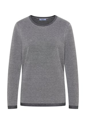 Grå langærmet sweater med et tekstureret strikkemønster, rund halsudskæring og kontrasterende mørk kant ved manchetter og bund. Brandmærke synligt inden i halsudskæringen.