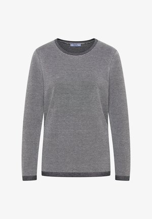Gray long-sleeve sweater with a textured knit pattern, crew neckline, and contrasting dark trim at cuffs and hem. Brand label visible inside neckline.