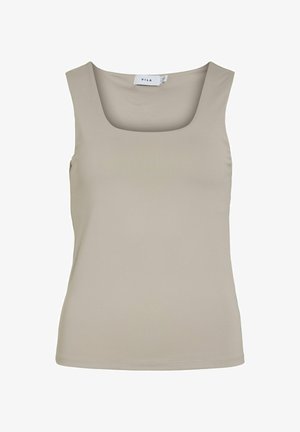 Top bege, sem mangas, com um decote quadrado. Feito de um tecido suave, apresenta um formato ajustado e uma bainha reta. Etiqueta visível no pescoço.