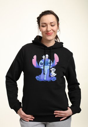 Black hoodie featuring a colorful cartoon graphic of a blue character with large ears and a small white character, made from soft material.
