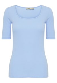 Lichtblauw, geribbeld T-shirt met korte mouwen, een brede ronde halslijn en een aansluitende pasvorm. Soepele textuur, geschikt voor casual draagstijl.
