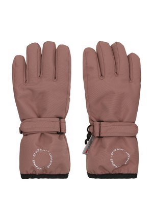 Par de guantes de invierno aislados de color malva con correas ajustables en la muñeca y texto blanco circular "ENFANT" cerca de los puños.