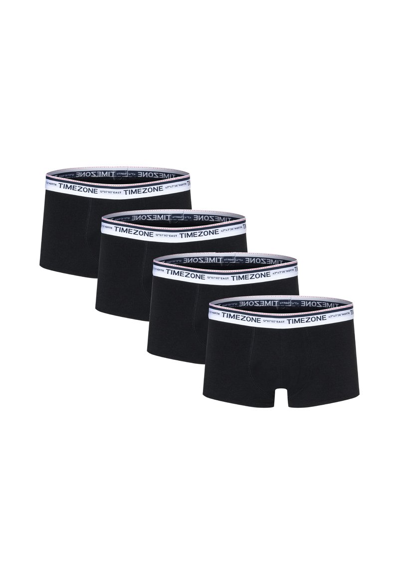 Four pairs of black boxer briefs with a white waistband featuring the text "TIMEZONE." Stretchy cotton material with flatlock seams.