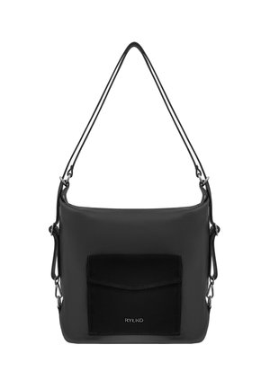 Black leather shoulder bag with a textured finish, a front pocket, silver hardware, and a detachable strap. Features minimalist design.