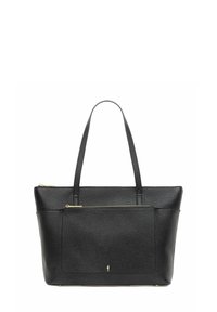 Czarna skórzana torba na ramię z podwójnymi uchwytami, gładkie wykończenie, przednia kieszeń na zamek, subtelne logo i złote akcenty. 