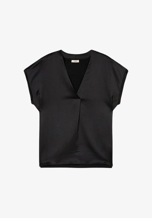 Top corto nero con maniche a sbuffo e scollo a V, realizzato in un tessuto liscio. Presenta una piega sottile nella parte anteriore e una vestibilità ampia.