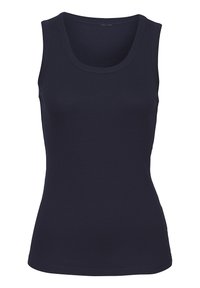 Top a canotta blu navy con una texture a coste, scollatura a girocollo e design aderente. Tessuto morbido, senza cuciture visibili o decorazioni.