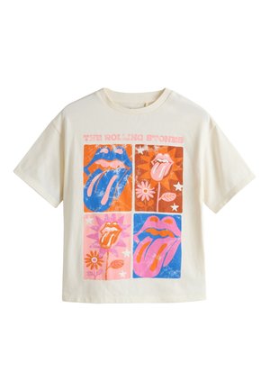 Ecru koszulka z czterema kolorowymi kwadratami stylizowanych ust z językami i kwiatami, zatytułowana "The Rolling Stones" na górze.