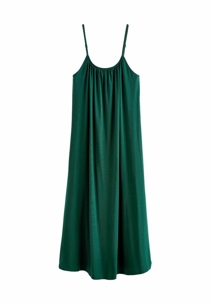 Robe sans manches vert foncé avec fines bretelles réglables et coupe ample et fluide.