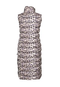 Leopardenmuster ärmellose Steppweste mit hohem Kragen, aus gequiltetem Material und weichem Stoff, hauptsächlich in Beige- und Brauntönen.