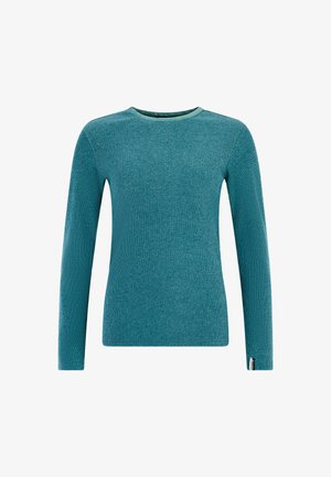 Maglione a manica lunga a coste in teal con collo a giro e piccolo tag rettangolare nero sul fondo della manica.