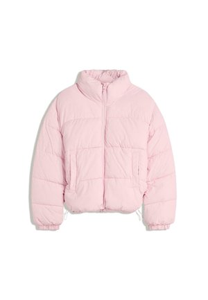 Light pink puffer jacket with high collar, front zipper, elastic cuffs, and two front pockets on a white background.