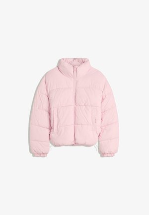 Light pink puffer jacket with high collar, front zipper, elastic cuffs, and two front pockets on a white background.