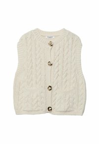 Crème-kleurige kabelgebreide mouwloze cardigan met ronde halslijn, vier grote gouden knopen en twee voorzakken.