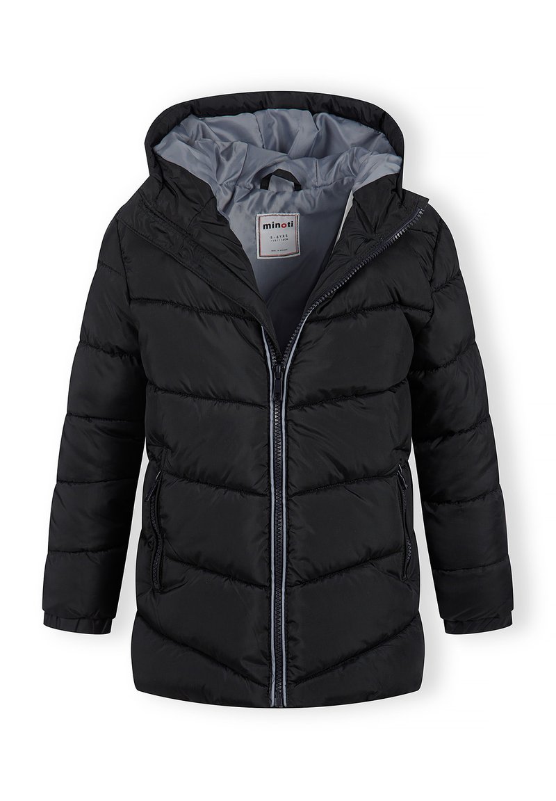 Doudoune noire avec capuche, dotée d'une fermeture éclair, de deux poches latérales et d'une doublure intérieure grise. Design matelassé texturé avec une sensation légère.