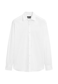 Biała koszula z długim rękawem, wykonana z gładkiego materiału, z klasycznym kołnierzykiem, zapinana na guziki z guzikami na mankietach. Prosty, minimalistyczny design.