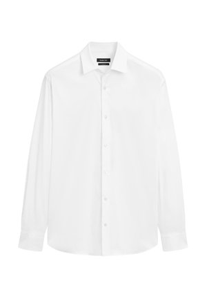 Weißes Langarmhemd aus glattem Stoff mit klassischem Kragen, Knopfleiste und Knopfmanschetten. Einfaches, modernes Design.