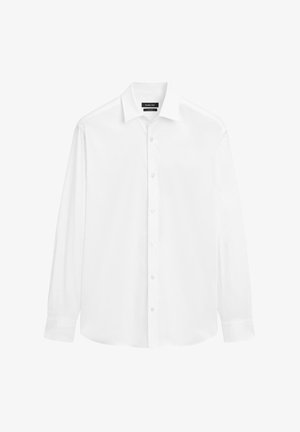Weißes Langarmhemd aus glattem Stoff mit klassischem Kragen, Knopfleiste und Knopfmanschetten. Einfaches, modernes Design.