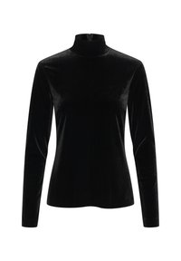 Schwarzes Samt-Turtleneck-Oberteil mit langen Ärmeln und nahtlosem Design. Verfügt über einen Reißverschluss auf der Rückseite und eine weiche, strukturierte Oberfläche.