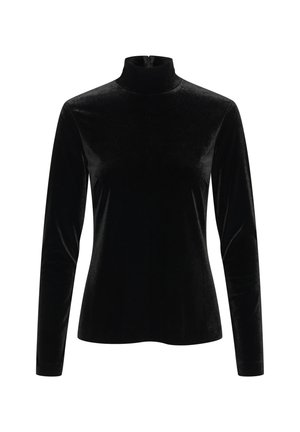 Sort fløjl turtleneck top med lange ærmer og et sømløst design. Har en lynlåslukning i ryggen og en blød, tekstureret overflade.