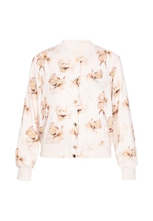 Světle krémová bomber bunda s dlouhými rukávy, žebrovanými manžetami a lemem, zdobená jemnými hnědými a béžovými abstraktními květinovými vzory.