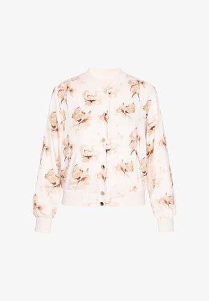 Světle krémová bomber bunda s dlouhými rukávy, žebrovanými manžetami a lemem, zdobená jemnými hnědými a béžovými abstraktními květinovými vzory.