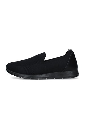 Sneaker nero slip-on con tomaia in maglia testurizzata e suola in gomma, progettata per un uso casual e facile da indossare e togliere.