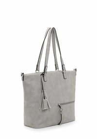 Grey faux leather tote with double straps, zippered pocket, and decorative tassel. Smooth texture, rectangular shape, and minimalistic design.