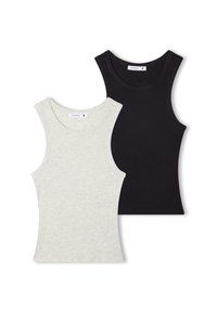 Dwie bezrękawniki z prążkowanej tkaniny w jasnoszarym i czarnym kolorze, z okrągłymi dekoltami i dopasowanym krojem.