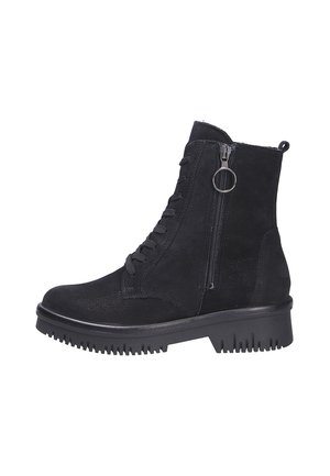 Black suede ankle boots with a zippered side, lace-up front, textured finish, chunky rubber sole, and a round hardware accent.