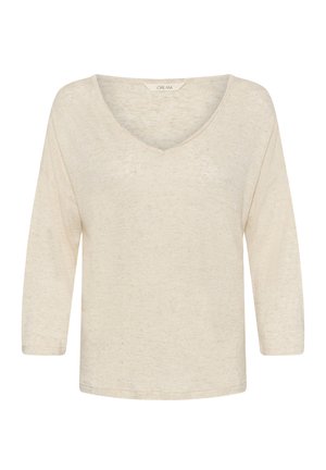 Maglione da donna color crema, a maniche lunghe con scollo a V, vestibilità morbida e tessuto leggermente strutturato.
