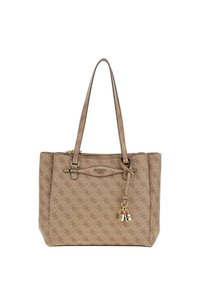 Borsa a tracolla beige con un motivo testurizzato, doppie spalline e dettagli in metallo dorato. Presenta una chiusura con zip e charm decorativi.